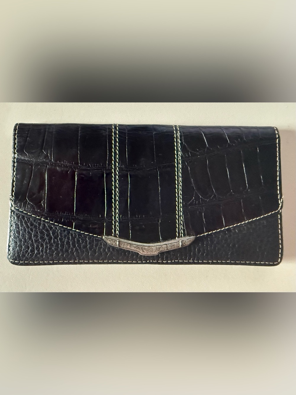 Brighton Black Croc-Pebbled Leather Checkbook Cover with Contrast Stitching